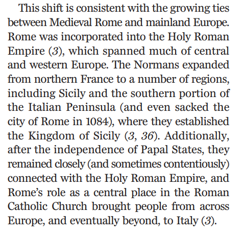 Lombard & Norman invasions, as well as closer links with Holy Roman Empire in Germany, brought Romans even closer to Central Europeans in ancestry composition in the Middle Ages.