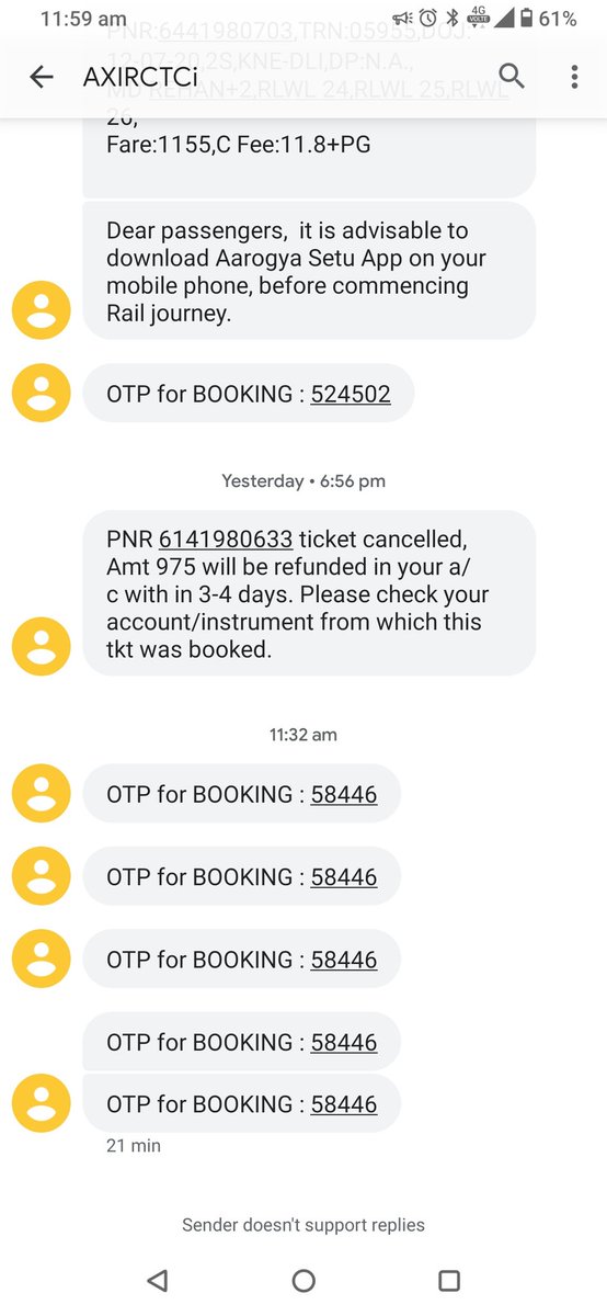 rupa_rm's tweet photo. @IRCTCofficial from last 10 days I'm trying to book confirm ticket of Train No.  05955 but after filling all the required details it asks for OTP, which comes after 20-30 minutes till then all the Tatkal tickets are booked. Attaching pic of that OTP msgs, plz check the time. Help https://t.co/eMWLEOIIVp