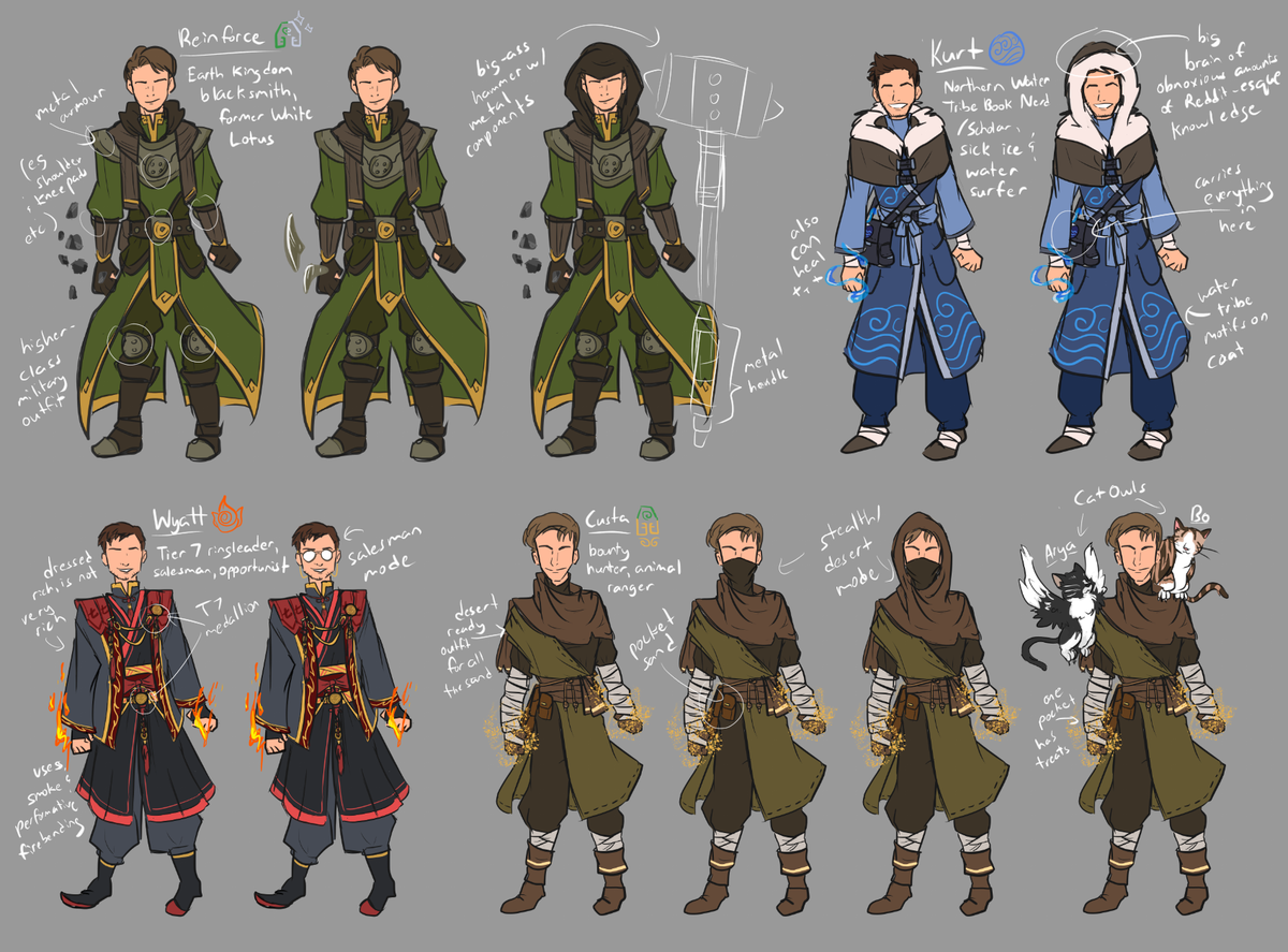 Tier 7 x A:TLA concept art (Reinforce, Kurt, Wyatt, Custa, Custa & his cats Arya & Bo as ATLA cat owls)