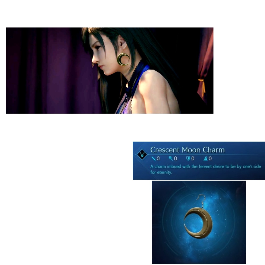 She has her crescent moon earring in OG but as we can see it's only a pair.Later in Remake we get to know Cloud has another pair of it with its meaning "A charm imbued with the fervent desire to be by one's side for eternity" 