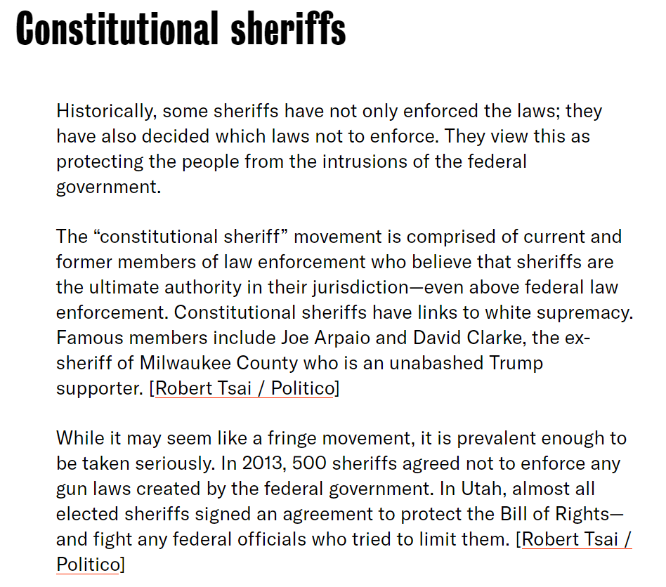 PROBLEM  CORRECTIONS "Constitutional Sheriffs" selectively enforce the law and violate individual rights to appease majority. Remove renegade Sheriffs whose selective enforcement violates civil rights.See https://theappeal.org/the-power-of-sheriffs-an-explainer/ and see  https://www.politico.com/magazine/story/2017/09/01/joe-arpaio-pardon-sheriffs-movement-215566