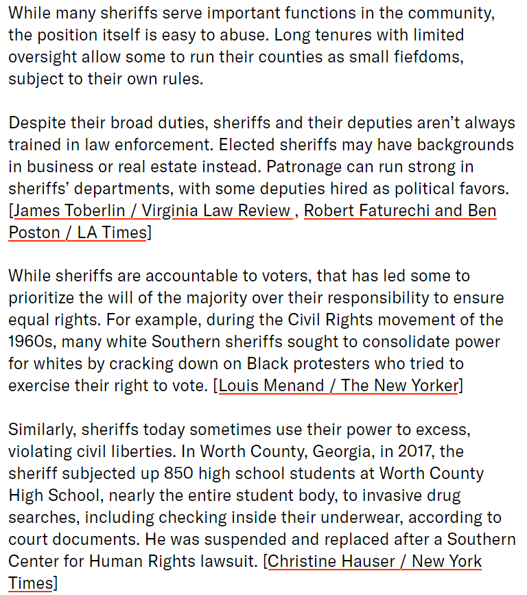 PROBLEM  CORRECTIONS "Constitutional Sheriffs" selectively enforce the law and violate individual rights to appease majority. Remove renegade Sheriffs whose selective enforcement violates civil rights.See https://theappeal.org/the-power-of-sheriffs-an-explainer/ and see  https://www.politico.com/magazine/story/2017/09/01/joe-arpaio-pardon-sheriffs-movement-215566