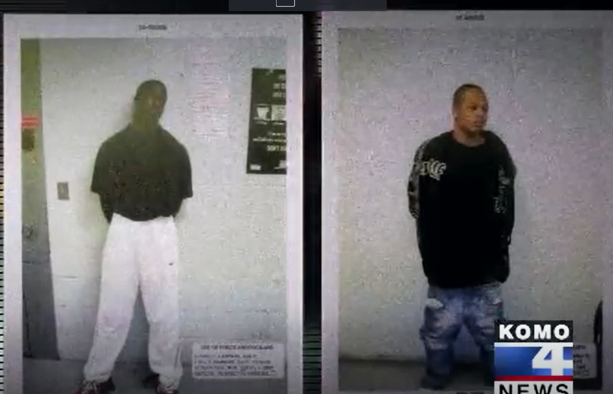 The two were supposedly stopped because they matched the physical description of suspects in an armed robbery described as tall, skinny black men in black hoodies and blue jeans.This is what they were wearing when they were arrested:(4/14)