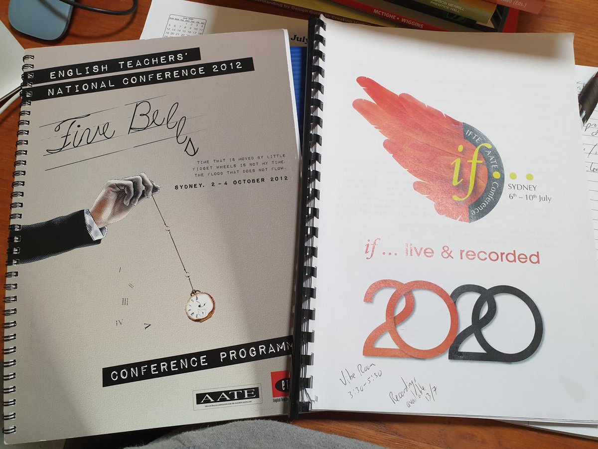 xebeana's tweet photo. Searching my shelves for a previous edition of English in Australia and found the AATE National Conference program from Sydney 2012!! Both great conferences full of ideas. Looking forward to 2028 (and the others in between!) #AATEIF https://t.co/j1XZY0YimU