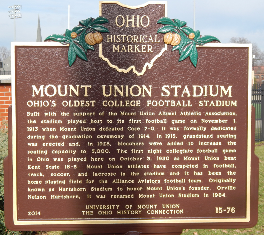 MountUnionFB's tweet photo. Did you know?

Mount Union Stadium is Ohio's oldest college football stadium! The 1st game was played on November 1, 1913. The Raiders defeated Case 7-0.

The 1st night collegiate football game was played here on October 3, 1930  Mount Union defeated Kent St 18-6 
@purpleraiders https://t.co/S7EgmaLN4W