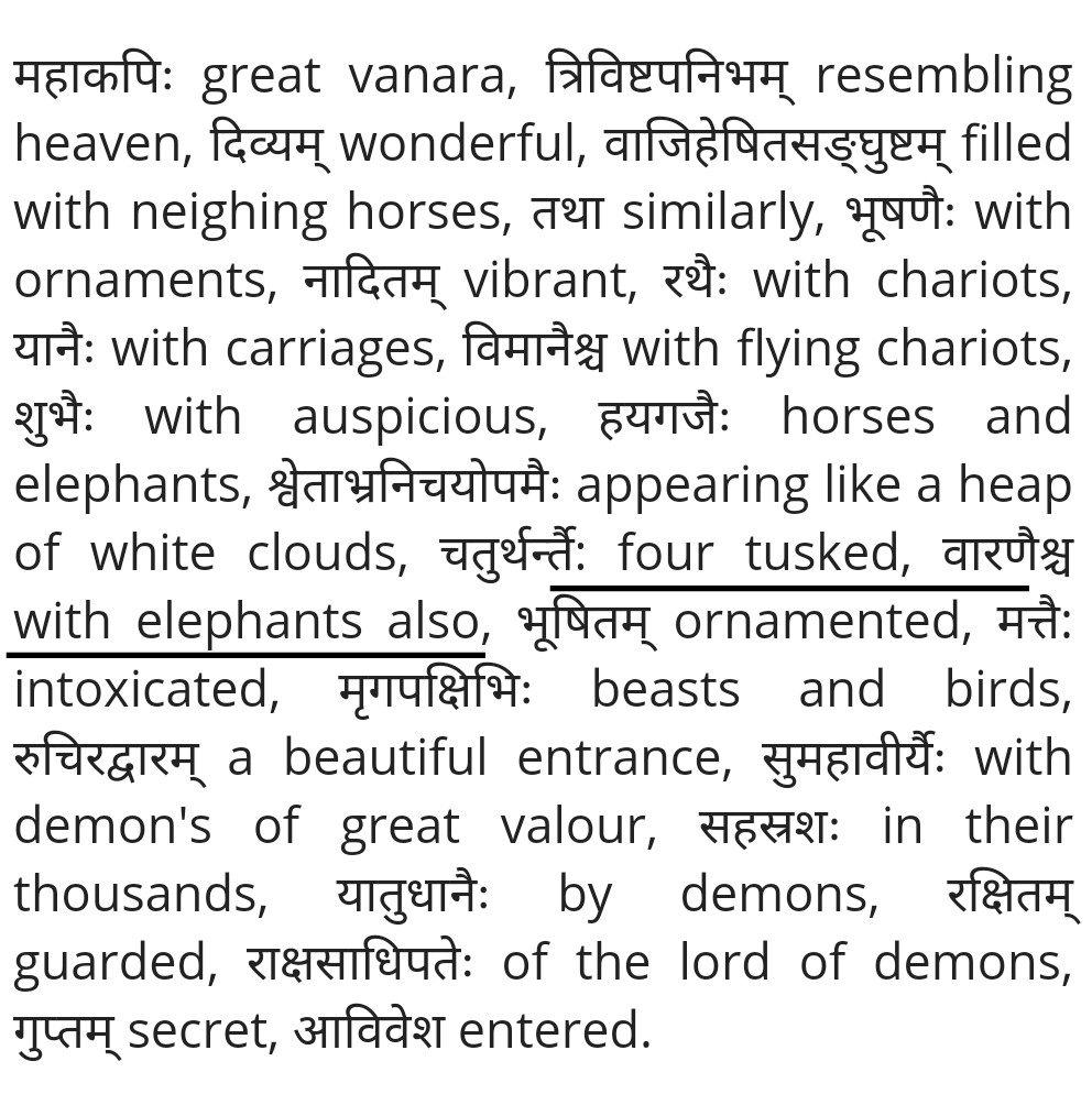 त्रिविष्टपनिभं दिव्यं दिव्यनादनिनादितम्।वाजिहेषितसङ्घुष्टं नादितं भूषणैस्तथा।रथैर्यानैर्विमानैश्च तथा हयगजैः शुभैः।वारणैश्च चतुर्थन्तैः श्वेताभ्रनिचयोपमैः।।भूषितं रुचिरद्वारं मत्तैश्च मृगपक्षिभिः।रक्षितं सुमहावीर्यैर्यातुधानैः सहस्रशः।राक्षसाधिपतेर्गुप्तमाविवेश महाकपिः।।