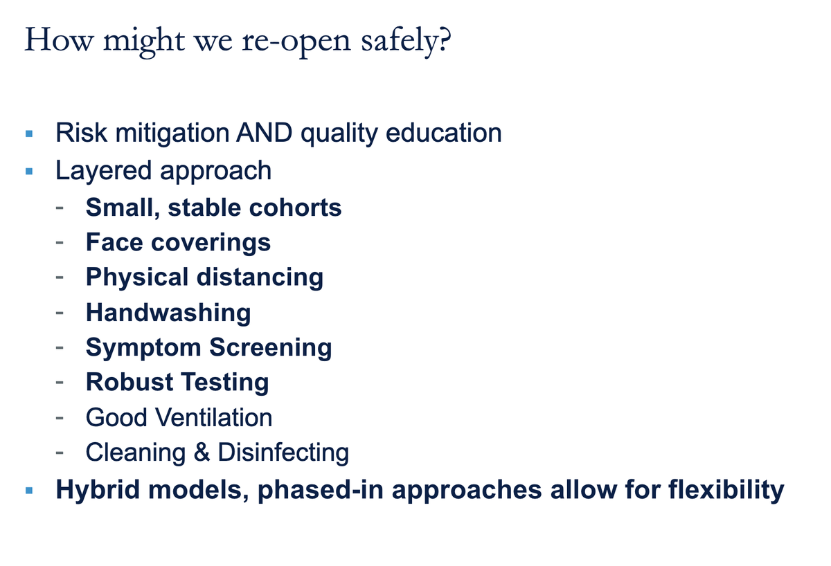 11/ @ 45:40, How do we open schools? (Fig, most important items in bold). “We know we can’t stop Covid but we can mitigate the risk of getting it.” If schools are making resource choices, cleaning and disinfecting likely lower yield than other activities listed on slide.