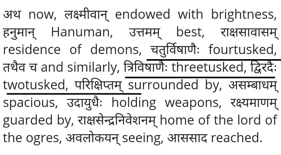 उत्तमं राक्षसावासं हनुमानवलोकयन्।आससादाथ लक्ष्मीवान् राक्षसेन्द्रनिवेशनम्।।5.9.4।।चतुर्विषाणैर्द्विरदैस्त्रिविषाणैस्तथैव च।परिक्षिप्तमसम्बाधं रक्ष्यमाणमुदायुधैः।।5.9.5।।Why Valmiki ji mentioned these ??Was it pure imagination??Or we have not been taught real history ?