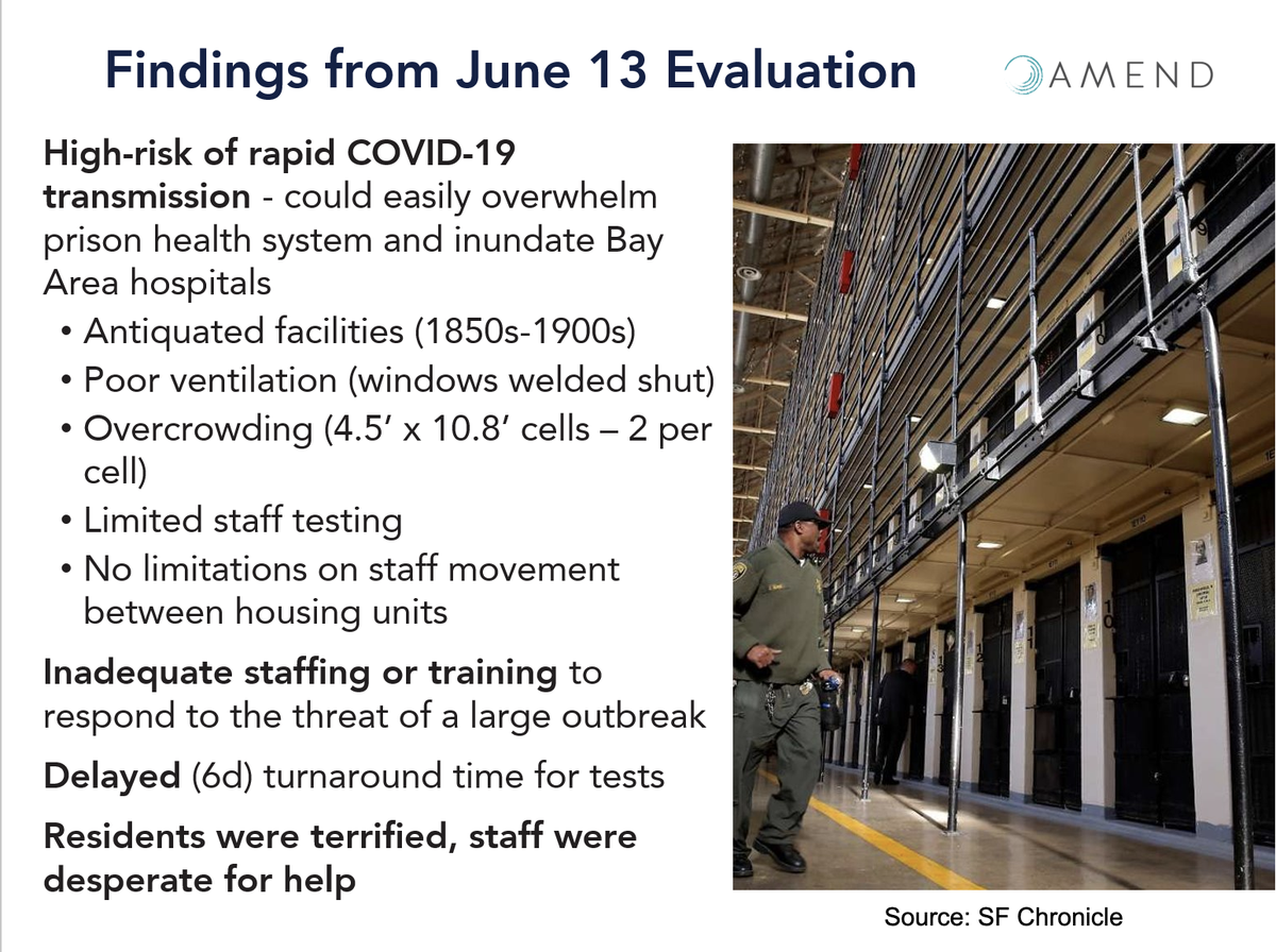 18/ @ 1:04:30: 6/13 memo by Brie, David &  @UCBerkeleySPH group ( https://tinyurl.com/y8kld54p ). “If you’ve been to Alcatraz, you’ve been to San Quentin,” she says, citing aging facility, poor ventilation, & crowding. Other problems: limited testing, and staff moving from unit to unit.