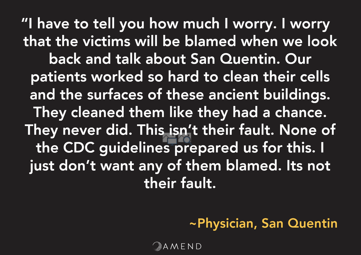 22/ @ 1:09:25: A powerful quote by physician at San Quentin below. “They cleaned (their cells) like they had a chance. They never did….it’s not their fault.”  @AmendatUCSF has put together advice for hospitals caring for prisoners w/ Covid:  https://tinyurl.com/y7rubgar 