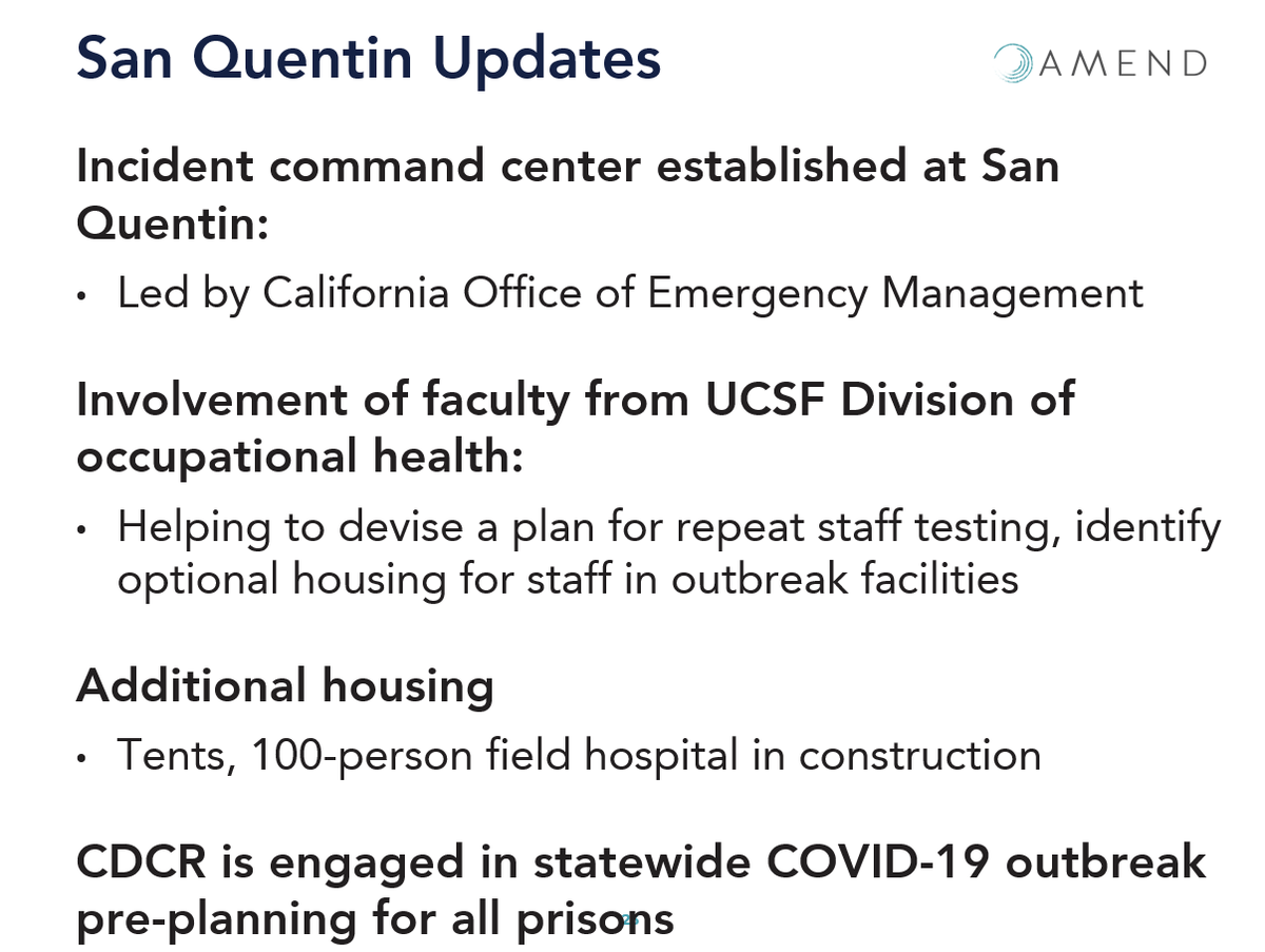 23/ @ 1:12:00: Some progress at San Quentin, shown below. CA Dept. of Corrections now doing statewide outbreak planning. >30  @UCSF clinicians/staff have already volunteered to help out at SQ.