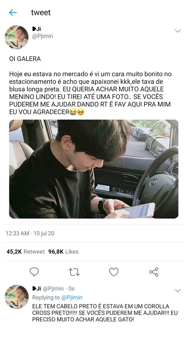 jkjmbs's tweet photo. — JIKOOK AU !!

Onde jimin vê um garoto no estacionamento do mercado é acaba se apaixonando.

                                  OU

Onde jungkook vê um post de um menino te procurando no twitter é acaba gostando. https://t.co/kh74W8Z5je
