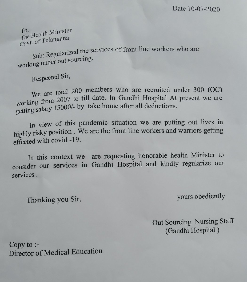 V__Nilesh's tweet photo. What is take home salary of nurses working at Gandhi Hospital, presently helping #Telangana overcome Covid-19 pandemic? 

It's Rs 15,000 per month 

They are protesting outside Director of Medical Education office in Kothi demanding  regularisation of their services. 
#Hyderabad https://t.co/5YSqzaO5Vz