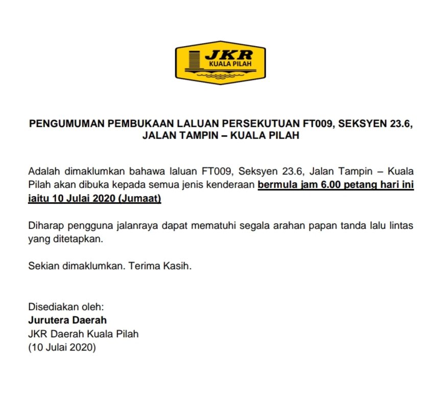 PENGUMUMAN PEMBUKAAN LALUAN PERSEKUTUAN FT009, SEKSYEN 23.6, JALAN TAMPIN - KUALA PILAH. @MOWorks <a href="/JKRMalaysia/">JKR Malaysia</a> <a href="/JKRNS/">JKR Negeri Sembilan</a> <a href="/MDKP1/">M.D Kuala Pilah</a> <a href="/CSFJ_JKR/">Cawangan Senggara Fasiliti Jalan (CSFJ)</a> @Selia_N9 <a href="/PDRMsia_Trafik/">PDRMsia Trafik</a> <a href="/BombaPilah/">BOMBA DAN PENYELAMAT KUALA PILAH</a> @MenteriBesarNS