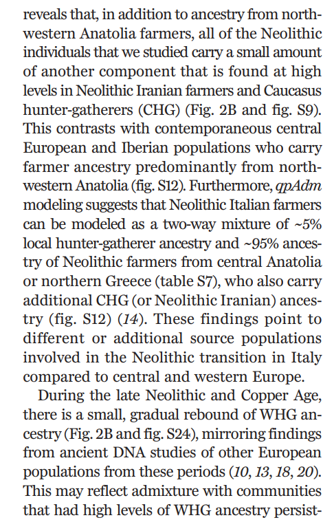 Early European Farmers (EEFs) from Turkey introduced farming to Europe and replaced the WHGs in most places, Italy included. They did this in the late 6000s & early 5000s BC. These EEFs are associated with the Cardial Ware culture.