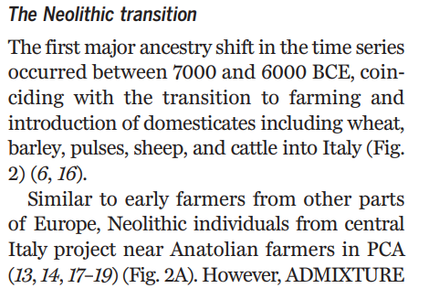 Early European Farmers (EEFs) from Turkey introduced farming to Europe and replaced the WHGs in most places, Italy included. They did this in the late 6000s & early 5000s BC. These EEFs are associated with the Cardial Ware culture.