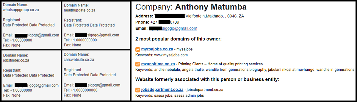 Historic WHOIS records still contained the e-mail address used to register the account...which in turn provided the name of the person that registered all these websites:Anthony Matumba an EFF CCT member and Makhado Local Municipality councillor and employee.
