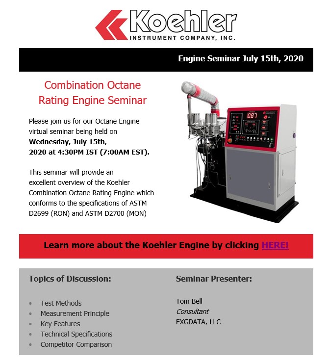 LabindiaLIPL's tweet photo. Mr. Tom Bell from #Koehlerinstrumentcompany with over 35 years of experience in CFR Engines will be presenting on Combination Octane Rating Engine on 15th July at 4.30 PM IST.
For further details, get in touch with 
Jalaj Narag
narangj@labindia.com
#petroleumproducts #CFRengines https://t.co/viBywupoZe