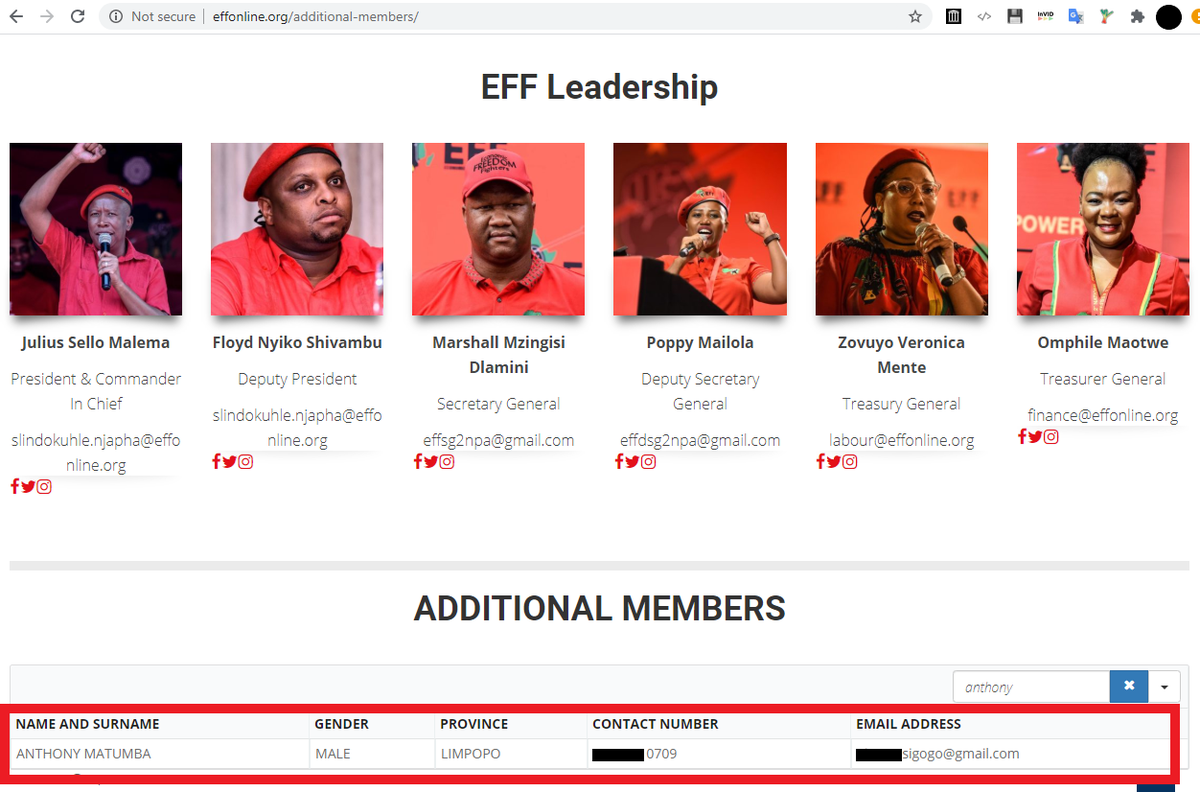 Historic WHOIS records still contained the e-mail address used to register the account...which in turn provided the name of the person that registered all these websites:Anthony Matumba an EFF CCT member and Makhado Local Municipality councillor and employee.