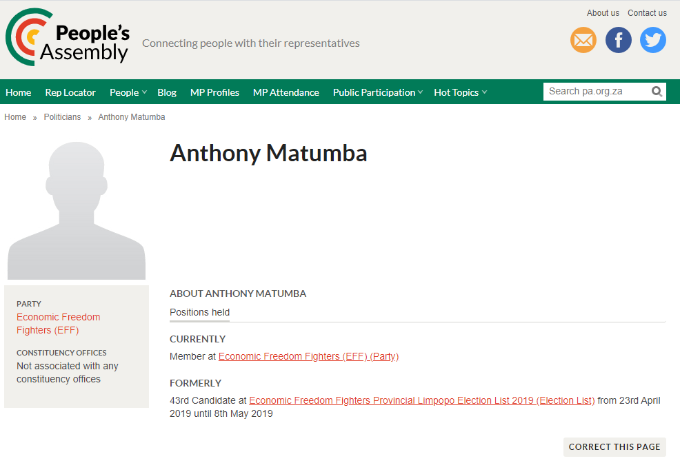 Historic WHOIS records still contained the e-mail address used to register the account...which in turn provided the name of the person that registered all these websites:Anthony Matumba an EFF CCT member and Makhado Local Municipality councillor and employee.