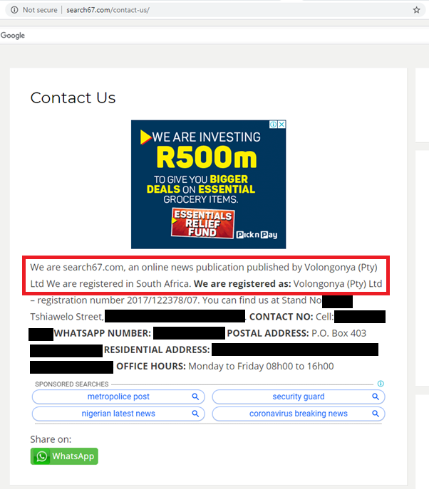 Though the link was removed from the main page, a company registered to Matumba was mentioned in the "Contact Us" page for one of the websites.Matumba also posted links to the same sites using his personal Twitter and Facebook accounts long before Tracy Zille was created.