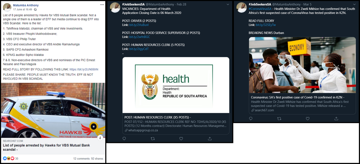 Though the link was removed from the main page, a company registered to Matumba was mentioned in the "Contact Us" page for one of the websites.Matumba also posted links to the same sites using his personal Twitter and Facebook accounts long before Tracy Zille was created.