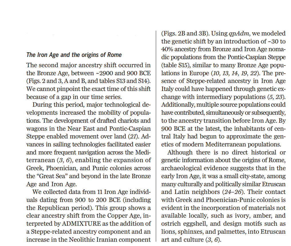 ~2900 BC Europe was invaded by people from the steppe of modern S Russia & E Ukraine speaking Indo-European languages (Latin is an IE language). By the time of foundation of the Roman Republic, IE had heavily mixed with EEFs, & comprised ~1/3 of Italian ancestry.