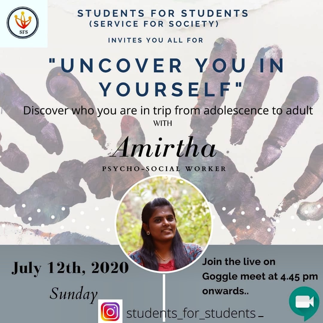 sfsoffl's tweet image. UNCOVER YOU IN YOURSELF💪

Here's our next session handled by 
Amirtha
Psycho-Social Worker

Date : 12/07/2020 (Sunday)
Time : 4.45 PM
Venue : Google meet app
#studentsforstudents
