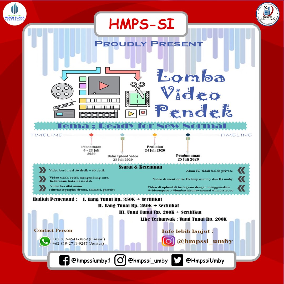 📣Lomba Video Pendek Instagram📣
Halo teman-teman semua:)
Disini HMPS-SI mengadakan lomba berupa video pendek di Instagram yang bertema "Ready For New Normal"
📋Pendaftaran : 9-23 Juli 2020
🎬Batas Upload Video : 23 Juli 2020
🖊Penilaian : 24 Juli 2020
📣Pengumuman : 25 Juli 2020