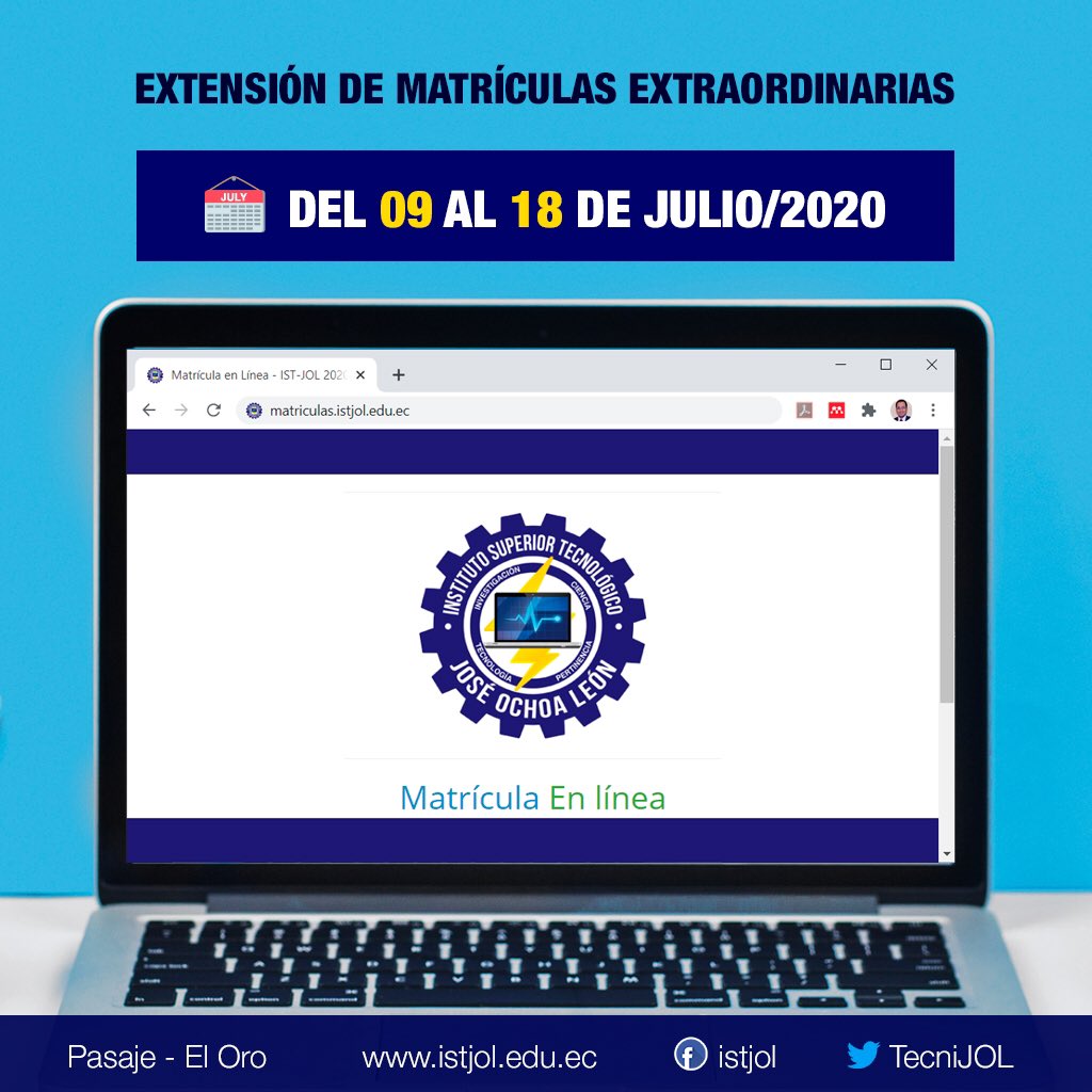 TecniJOL's tweet photo. 📣 Atención❗️

🔵 Puedes matricularte hasta el 18 de julio.
🟡 Para acceder al aplicativo #SIAU de la #SENESCYT, continua vigente el ingreso según el último dígito de la cédula.
🔵 Aplica para todos los ciclos.

@EduSuperiorEc @agustinalbanm 
#ISTJOL ⚙️ https://t.co/0vJiHeSCYE