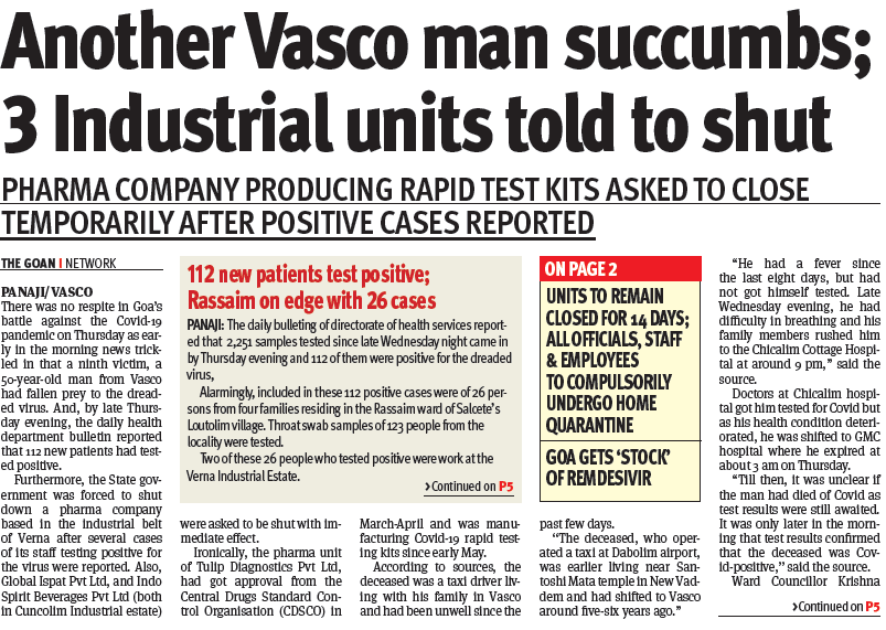 thegoanonline's tweet photo. Another Vasco man succumbs; 3 Industrial units told to shut
#CovidInGoa
#VascoGoa
#Health https://t.co/workqfS2ZG