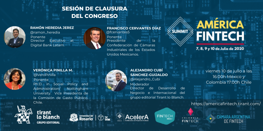 AmericaFintech's tweet photo. ¡No te pierdas la clausura del congreso! 

Participan:
Ramón Heredia @ramon_heredia 
Verónica Pinilla @VeroPinilla 
Francisco Cervantes @fcervantes5 
Alejandro Cubí @Alejandro_Cubi 

Ingresa aquí ➡️https://t.co/eKT65RIEdk https://t.co/EjoBlz9GBg