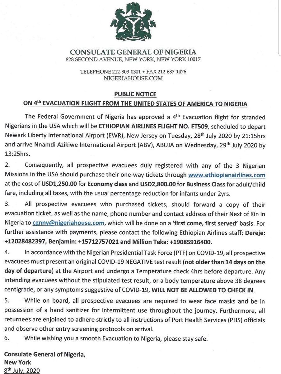 GeoffreyOnyeama's tweet photo. Notice on the FOURTH Evacuation Flight from the United States of America to Nigeria. #StayHomeSaveLives #COVID19Nigeria #COVID19 #PTFCOVID19 @NigeriaGov @DigiCommsNG @USinNigeria @FMICNigeria https://t.co/NFVWWDGgSx