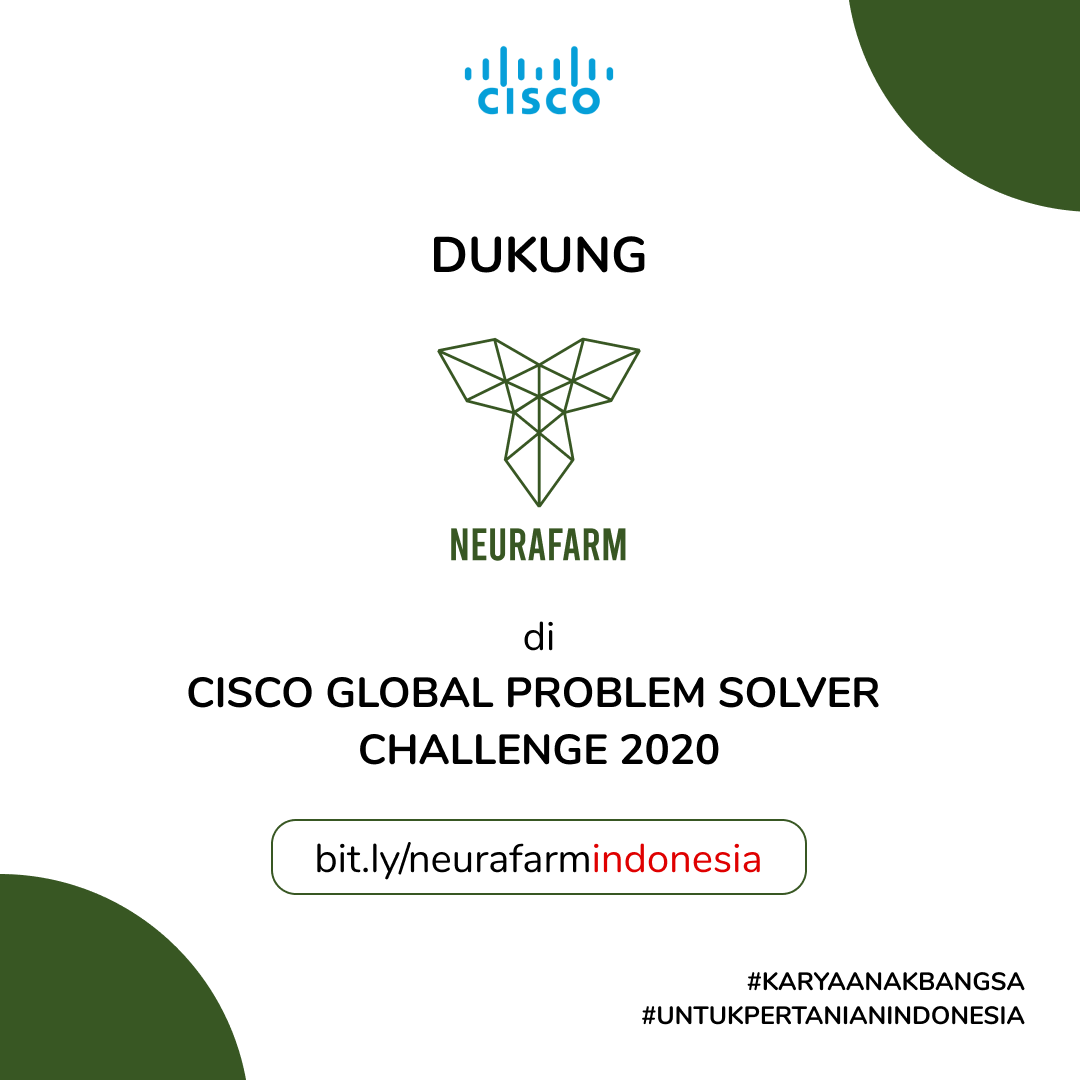 neurafarm's tweet image. [Dukung Neurafarm di @Cisco Global Problem Solver Challenge 2020]

Hi! Kami Neurafarm. Startup smart farming dari Indonesia yang memiliki misi untuk meningkatkan produktivitas dan efisiensi di industri agrikultur dg teknologi.

#GlobalProblemSolverChallenge #CiscoCSR 
@CiscoCSR
