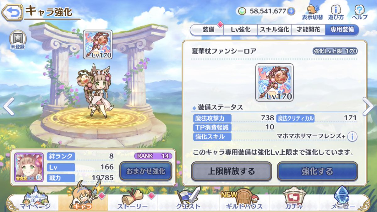 Nekomina 水着マホの専用装備 魔攻バフの上がり幅凄い スキルでtp上昇 装備でtp消費軽減付いたからubの回転率エグそう 戦闘時間が長くなりますね