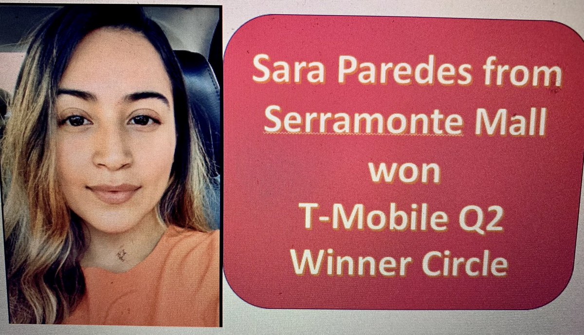 Congratulations Sara Paredes from Serramonte Mall. We appreciate your dedication and you always finds way to deliver our Un-Carrier Customer experience throughout this trying times <a href="/AdrianVanHooser/">Adrian Van Hooser</a> <a href="/JoeMontano1/">Joe Montano</a> <a href="/Randy_E_Tam/">Randy Tam</a>