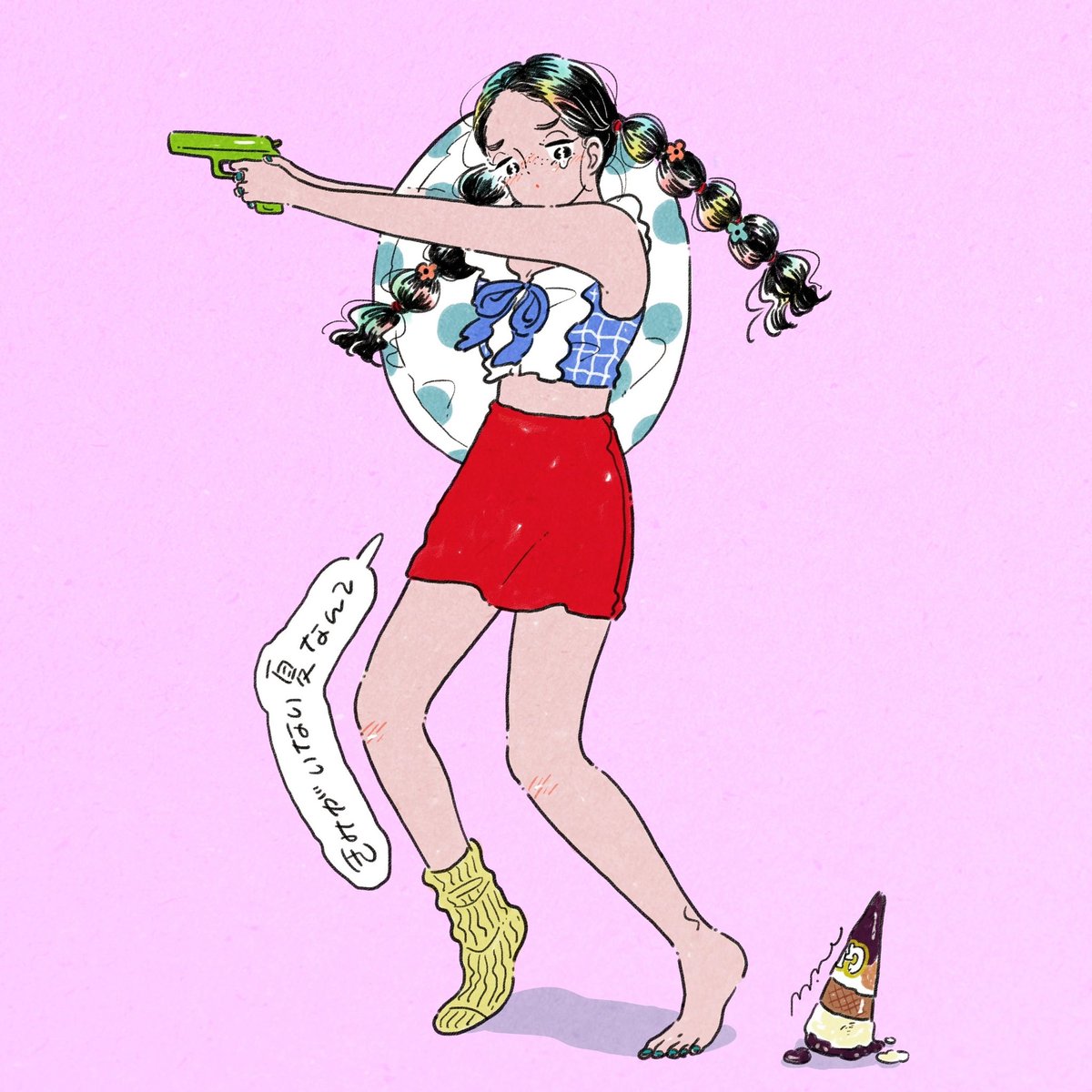 1girl solo water gun black hair twin braids shadow skirt  illustration images