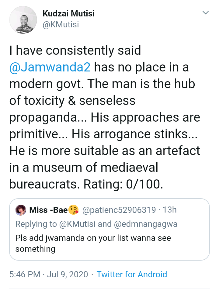 SLmore08's tweet photo. @daddyhope Even the likes of #Mutisi a die hard supporter of the #REGIME will agree with you on this @Jamwanda2 #MnangagwaMustGo #ZanupfMustGo https://t.co/s2cfbkS7yo