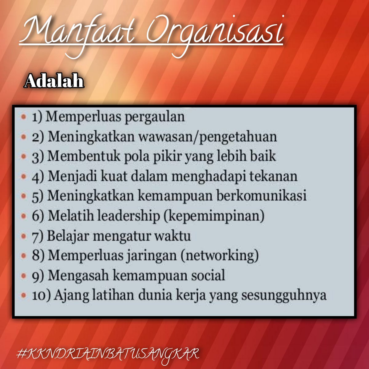 DesignerYori's tweet photo. Assalamualaikum warahmatullahi wabarakatuh, salam semangat. Organisasi adalah sebuah wadah bagi kita, untuk berproses, dan hasil akhir tergantung dari kita menyikapi nya. 
Semoga bermanfaat.
#kkniainbatusangkar2020 @IAINBatusangkar #KKNDRIAINBATUSANGKAR #kkndriainbatusangkar https://t.co/jM4qcDmcgH