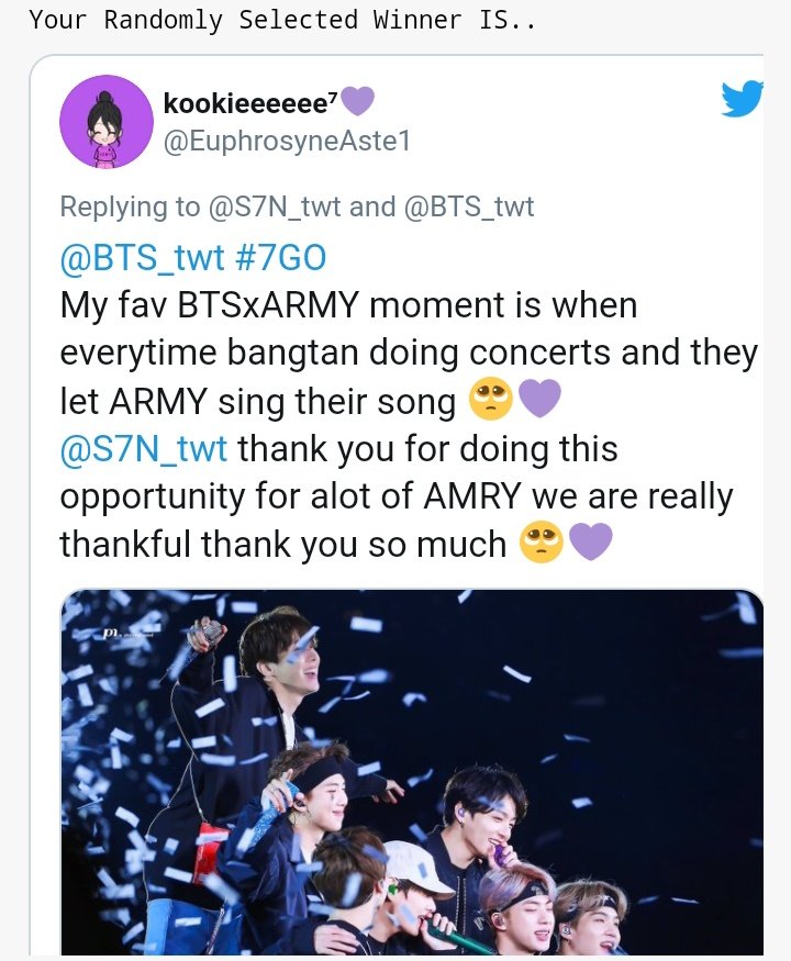 kkk07_twt's tweet photo. #7GA 1ST SHOP ANNIVERSARY GIVEAWAY! 🥳
CONGRATULATIONS TO... 🎉🎉
@EuphrosyneAste1
@bwitaenie
YOU GUYS WON!!! 🤯🥳🥳💜
Please reply to this tweet a part of your favorite BTS song. 🤗
Thank you so much to all of those who participated. Til my next GA! 💖 https://t.co/tPus0tLm5L