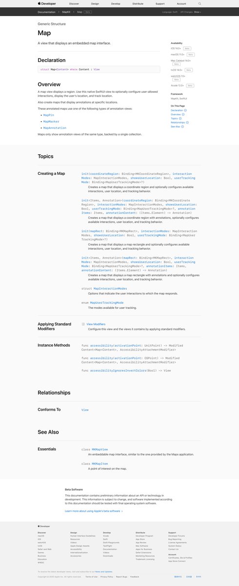 I got riled up and made a quick mockup of what I think Apple should provide.Here is their existing documentation for maps in SwiftUI, and my mockup of what I wish they did instead: non-timely documentation with the clarity and production value of the yearly WWDC updates.4/3