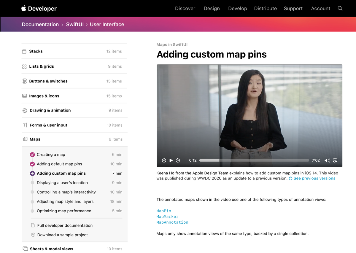 I got riled up and made a quick mockup of what I think Apple should provide.Here is their existing documentation for maps in SwiftUI, and my mockup of what I wish they did instead: non-timely documentation with the clarity and production value of the yearly WWDC updates.4/3