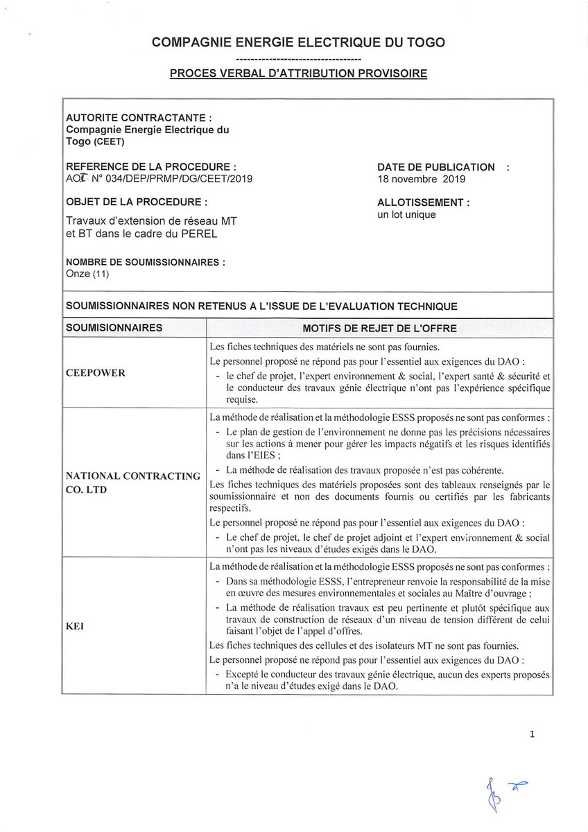PV Attribution DAOI N° 034/DEP/PRMP/DG/CEET/2019 : Travaux d’extension de réseau MT et BT dans le cadre du PEREL. #CEET #Energie #Tginfo