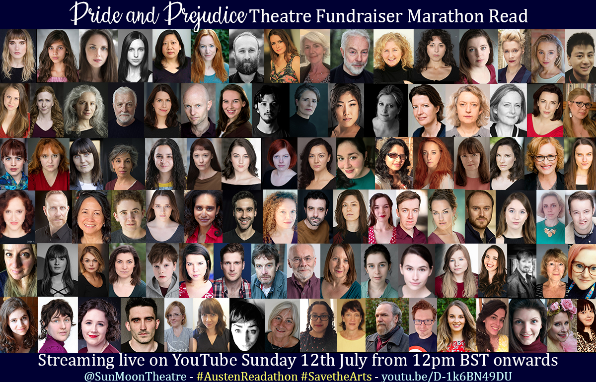 SunMoonTheatre's tweet photo. Sunday from 12pm BST - a live marathon read of #PrideandPrejudice unabridged by this brilliant community of performer-readers inc. special guests. Tune in &amp; donate directly to theatres in need! #AustenReadathon #SavetheArts https://t.co/rXrxiEFhXK https://t.co/wFIJK5TSqY