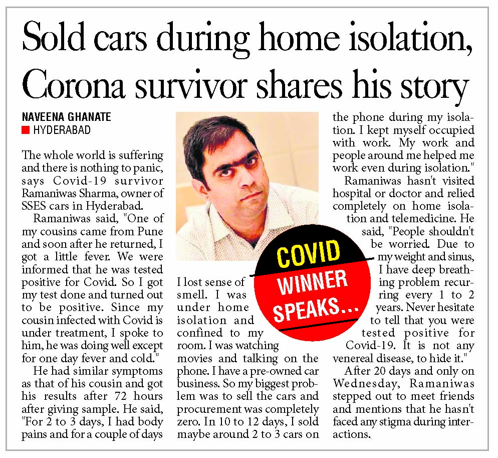  #CovidWarrior Ramaniwas Sharma, owner of SSEC cars, shares his journey through  #COVID__19 infection. "My biggest problem was to sell the cars and procurement was completely Zero. I did it all on the phone and sold 3 cars. Work kept me preoccupied" he said.Reports  @TheNaveena.