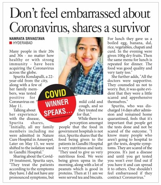  #CovidWarrior Spurita Kondapalli, 22, was tested positive for  #COVID__19 along with few of her family members.  #TelanganaFightsCorona  #Hyderabad