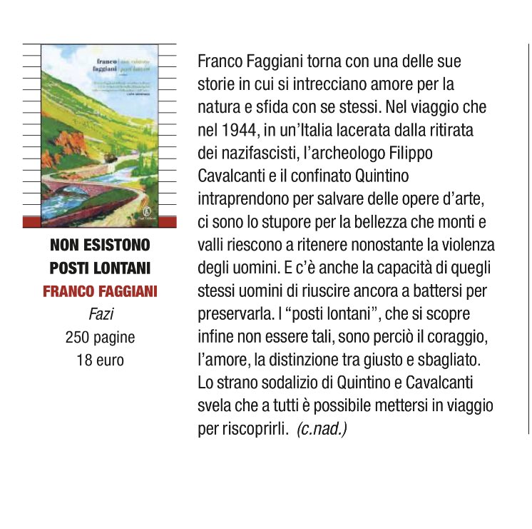 Nel mare di libri per l’estate proposti oggi da <a href="/ilvenerdi/">Il Venerdì di Repubblica</a> c’è anche #NonEsistonoPostiLontani di <a href="/francofaggia/">Franco Faggiani</a>, uscito ieri, con la deliziosa scheda di #CristinaNadotti 📚📚📚