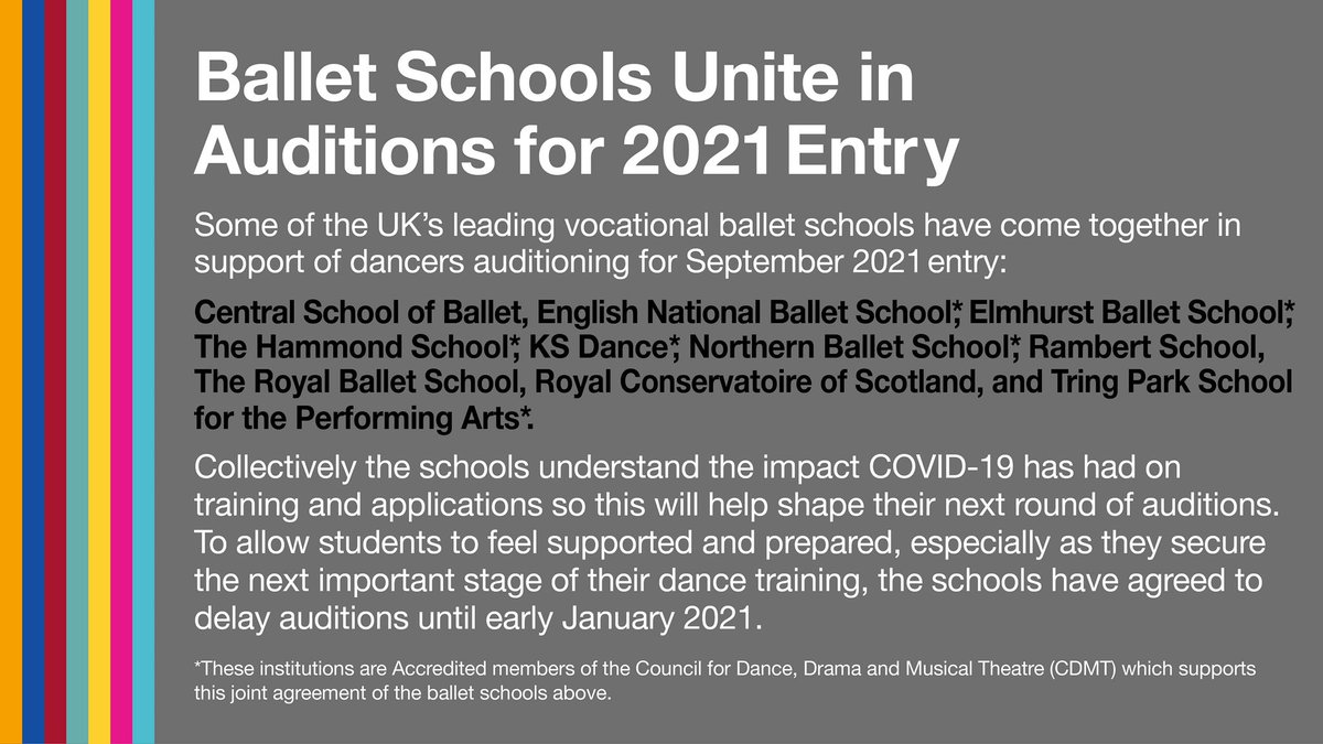 We’re pleased to come together with some of the UK’s leading ballet schools in support of dancers auditioning for September 2021 entry by agreeing to delay auditions until January.