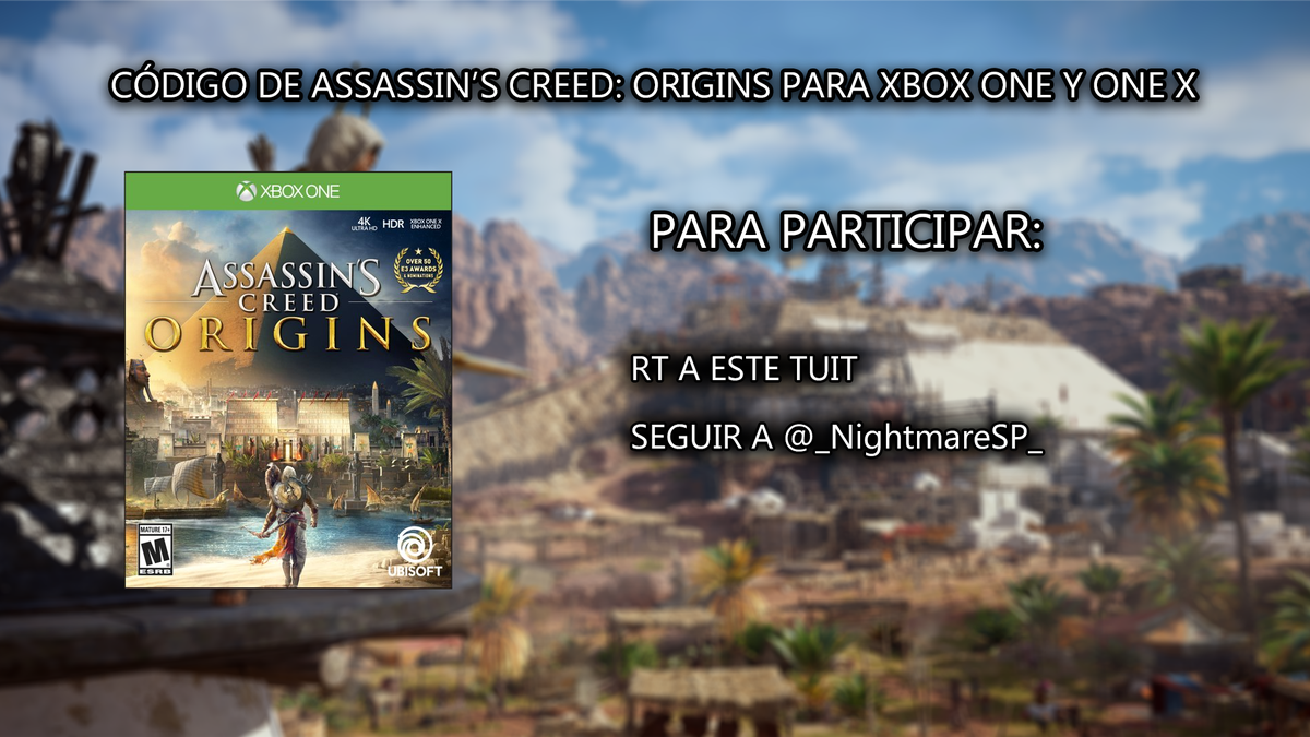 Lo prometido es deuda, toca sorteito por los 500 seguidores en Twitter.
¡Una copia digital de Assassin's Creed: Origins para Xbox One!
Para participar:
- Seguirme en Twitter
- Darle retweet a este Tuit
El ganador lo diré el viernes que viene.
¡Mucha suerte y gracias a todos!