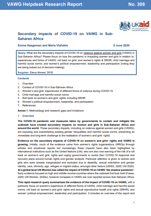 This useful brief summarises evidence of the impact of COVID-19 on VAWG, focusing on women’s experience of different forms of VAWG, child marriage &amp; harmful social norms, roll back on women’s &amp; girls’ rights &amp; SRHR, &amp; women’s political leadership.#endVAWG sddirect.org.uk/media/1987/vaw…